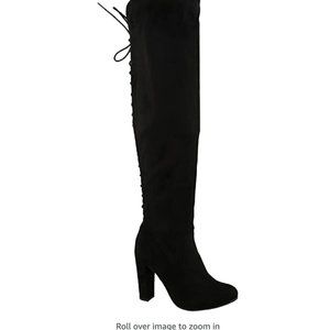 Over the Knee Suede Lace up High Heel Black Boots